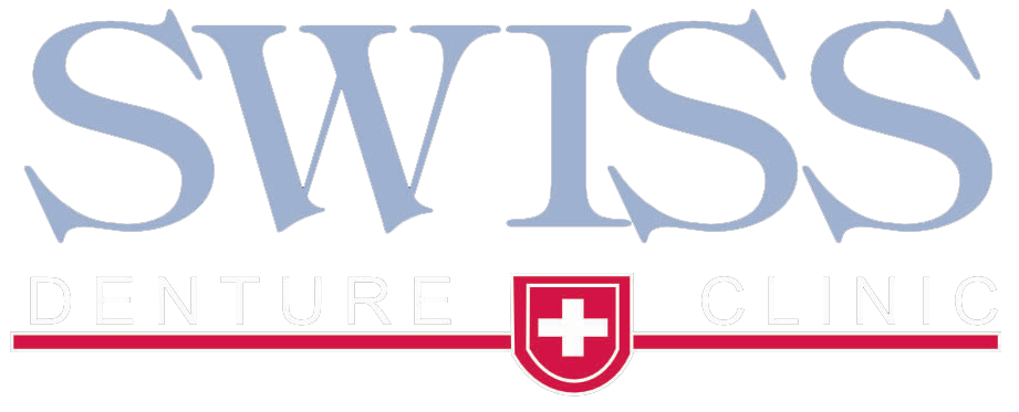 swiss denture logo calgary white text